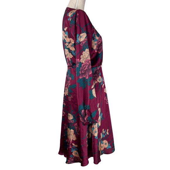 Lulus Love Is Life Floral Satin Mini Wrap Dress Wine Burgundy Floral Long Sleeve - Picture 4 of 10
